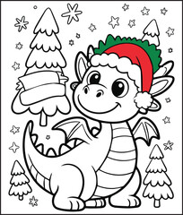 Cute animal dragon wearing christmas hat on festive doodles hand-drawn bold line art illustration for children coloring pages