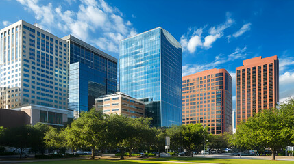 Modern Cityscape with Glass Skyscrapers and Lush Green Park