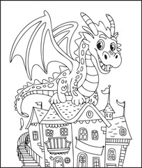 Naklejka premium Cute animal dragon sitting on house hand-drawn bold line art illustration for children coloring pages