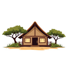 Illustration of a Safari Tent House with Trees, Vacation Getaway in Nature