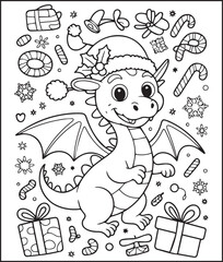 Fototapeta premium Cute animal dragon wearing christmas hat on festive doodles hand-drawn bold line art illustration for children coloring pages