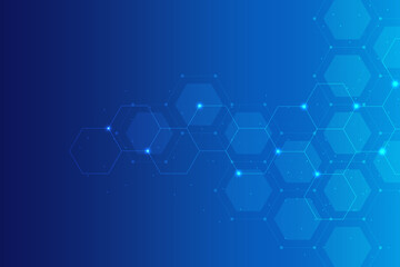 Hexagons pattern on blue background. Genetic research, molecular structure. Chemical engineering. Concept of innovation technology. Used for design healthcare, science and medicine background