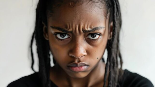 Annoyed young Black woman looking at camera with an angry expression, dreadlocks hairstyle against white background. Negative emotion, attitude concept.