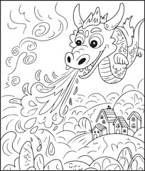 Naklejka premium Cute animal dragon showing fire from mouth hand-drawn bold line art illustration for children coloring pages