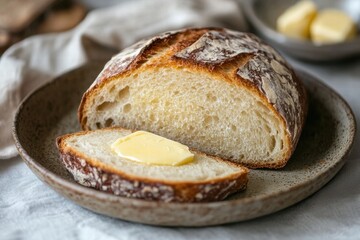 Bread slice with butter on ceramic plate
