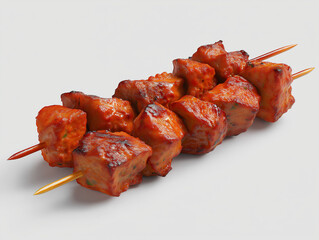 realistic 4k image of beaf tikka boti on skewers on white background
