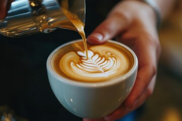 Barista pouring latte art in coffee cup
