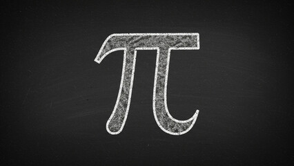 Close-up of the mathematical constant Pi (&pi;) drawn in white chalk on a dark gray chalkboard.