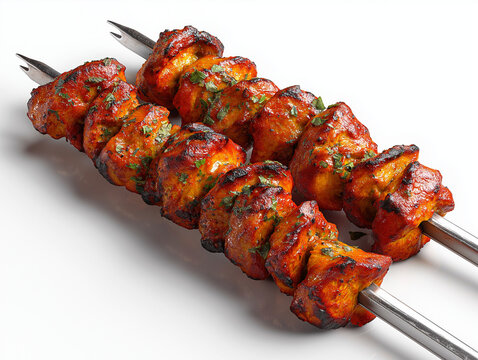 realistic 4k image of beaf tikka boti on skewers on white background
