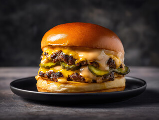 ultra detailed smash burger, double beef patties, melted cheddar cheese, glossy brioche bun, pickles, dripping burger sauce, placed on matte black plate, on a neutral stone background, bold hard light