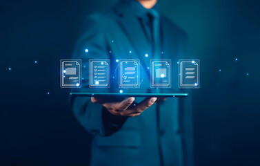 Businessman checking document management on virtual screen. Technology concept of data transfer, file recovery, computer backup, document or data folder transfer. 