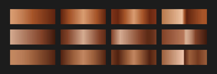 Elegant copper gradient swatches collection. Metallic textures with polished foil shine and satin smooth. Glossy palette for vintage and luxury designs and branding