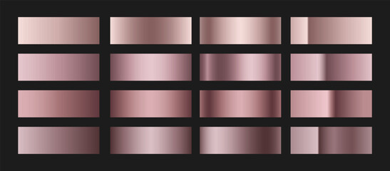 Naklejka premium Elegant rose gold gradient swatches collection. Metallic textures with polished foil shine and satin smooth. Glossy palette for modern and luxury designs and branding