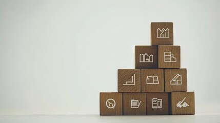 Wooden blocks stacked in a pyramid shape, each displaying a different business icon.
