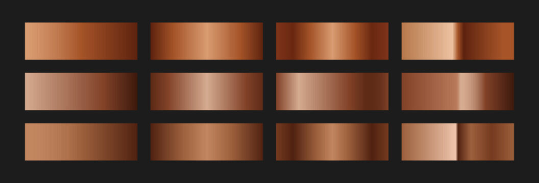Elegant copper gradient swatches collection. Metallic textures with polished foil shine and satin smooth. Glossy palette for vintage and luxury designs and branding