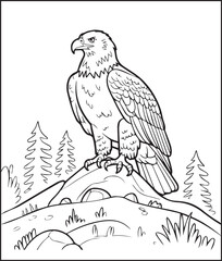 Fototapeta premium Eagle sitting on mountain in natural view scene coloring page for kids and children