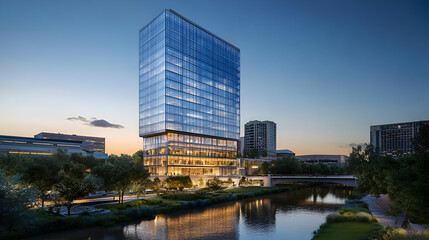 Modern Glass Skyscraper at Dusk by the River