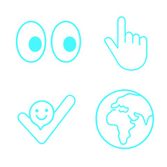 Obraz premium Four turquoise line icons, eye, hand, world, approved, for user interface