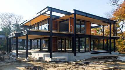 Obraz premium Modern House Under Construction with Steel Frame and Wooden Facade
