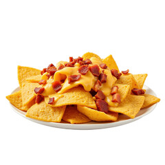 Cheesy delight, loaded nachos, bacon cheese, party food, snack time, restaurant dish.