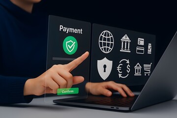 Secure online payment process depicted with laptop user confirming financial transaction