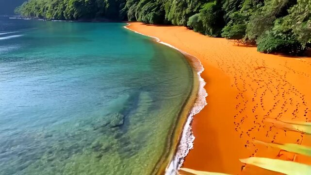 Tropical beach with vibrant orange sand, a monkey perched on a palm frond, and turquoise water. Lush green hills rise in the background