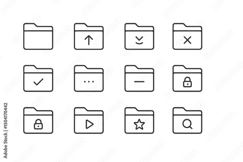 Poster collection of minimalist folder icons illustrating various file management functions in a digital wo