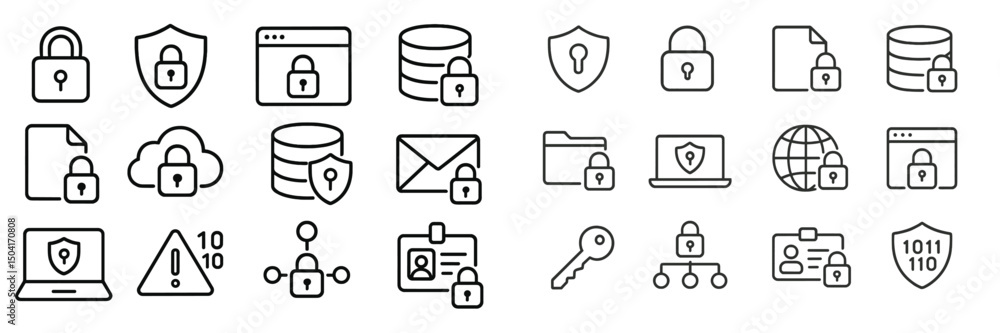 Poster collection of security icons representing data protection, encryption, and digital safety measures i