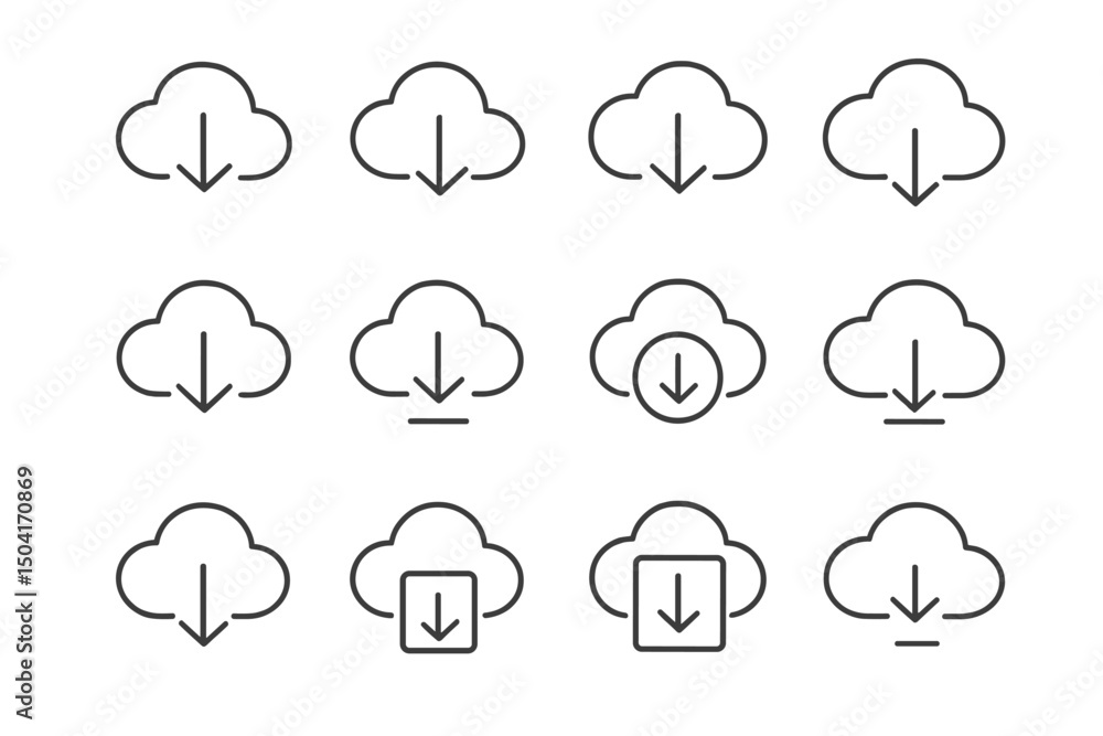 Aufkleber cloud download icons arranged in a grid format showcasing various styles of download symbols and arr