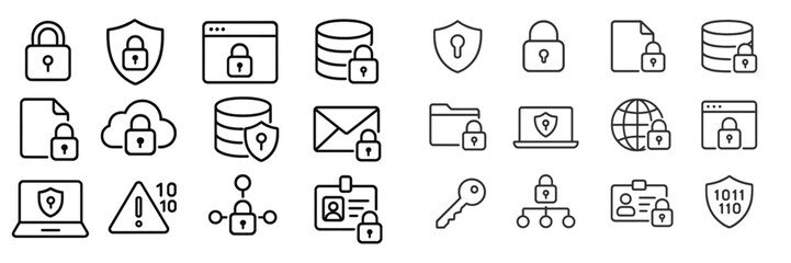 Collection of security icons representing data protection, encryption, and digital safety measures in a minimalistic style