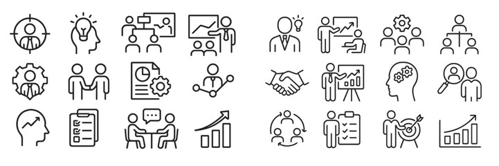 Business teamwork icons illustrating collaboration, brainstorming, and project management in a modern office setting