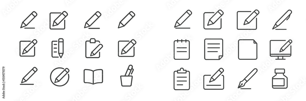 Poster various simple pencil icons representing different writing tasks and activities in a minimalist desi