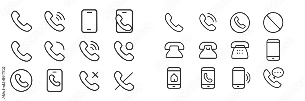 Poster collection of various phone icons illustrating communication tools and actions in a minimalist desig