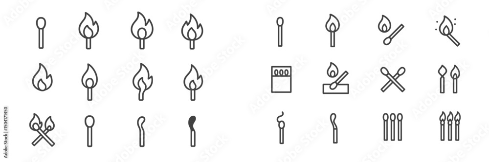 Poster collection of matchstick icons showcasing various flame and matchstick designs in minimalistic style