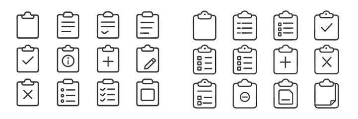 Collection of various clipboard icons representing different statuses and tasks for digital applications and designs
