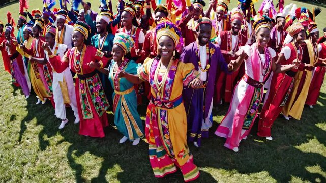 Vibrant cultural celebration captured from a high-angle, showcasing colorful traditional attire and joyful expressions, perfect for a festive video.