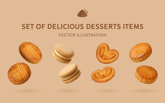 A Set of Delicious Desserts 3D Vector Items: Galette Bretonne, Dacquoise, Palmier, Galette des Rois