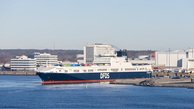 Gothenburg / Sweden, Mar 21, 2025: DFDS Ro-Ro cargo ship 'Freesia Seaways' in the Port of Gothenburg.
