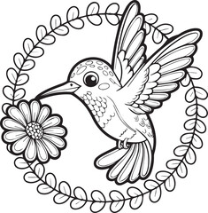 Fototapeta premium Beautiful hummingbird with flower outline drawing artwork for kids coloring pages