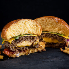 A hamburger cut from the middle  on black background