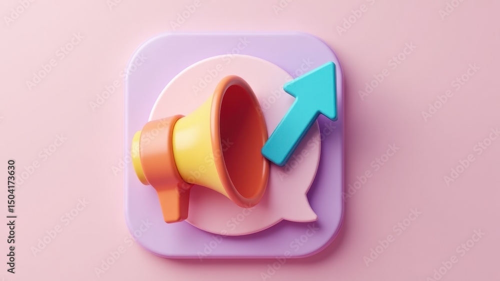 Poster a 3d icon with a speech bubble and rising arrow, symbolizing presentations, soft gradient background