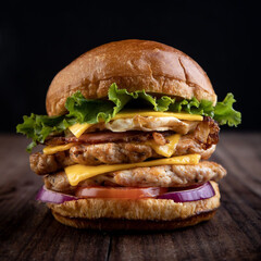 double chicken patty hamburger on black background