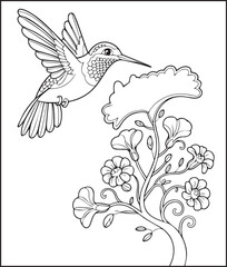 Beautiful hummingbird with flower outline drawing artwork for kids coloring pages