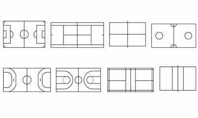 Sports field or court vector icons.soccer, basketball, tennis,tennis table, volleyball, badminton, futsal, handball,hockey, and multi-purpose.thin line Court layouts for sport infographics, diagrams. 