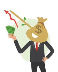 Obraz premium Businessman Pinocchio With Money Bag Over His Head. Business Lying Pinocchio Concept. Cartoon Vector Illustration. 