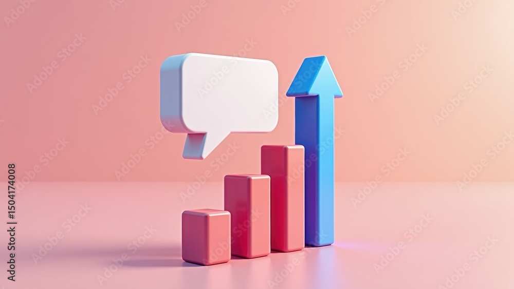 Poster a 3d icon with a speech bubble and rising arrow, symbolizing presentations, soft gradient background