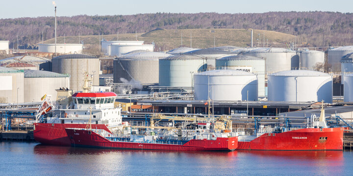 Gothenburg / Sweden, Mar 21, 2025: Tankers Oljola and Vingaren moored at an oil terminal.