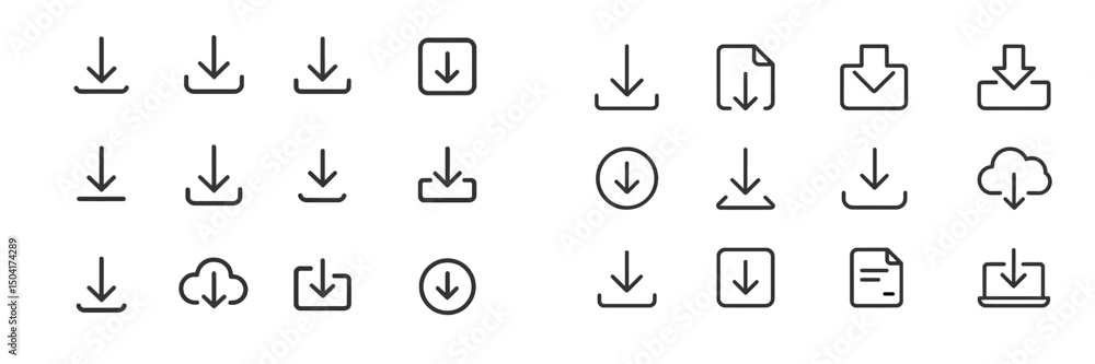 Poster various download icons in a minimalist design featuring different shapes and styles for user interfa