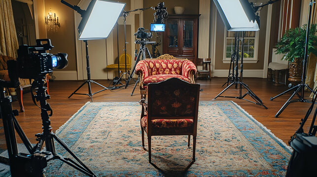 Ornate Chair on Red Carpet in a Film Studio