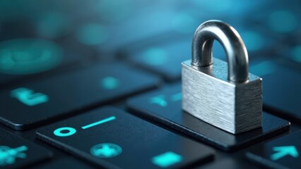 A metallic 3D lock icon with brushed steel texture, angled to show depth, placed on a blurred security-themed backdrop .